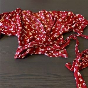 Red and white floral wrap top